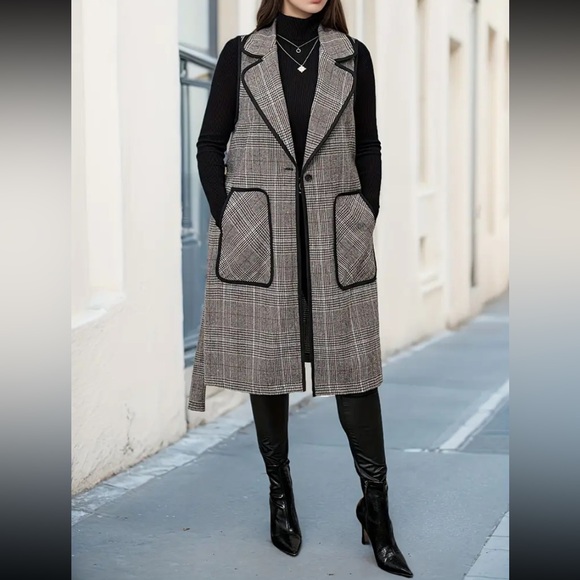 New Plus Plaid Pocket Contrasting Border Long Pants Sleeveless Vest Jacket NWT - Picture 9 of 16